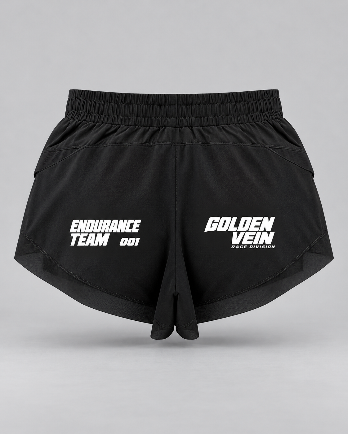 PULSE Race Day Running Shorts — Black, back view — 3D product mockup
