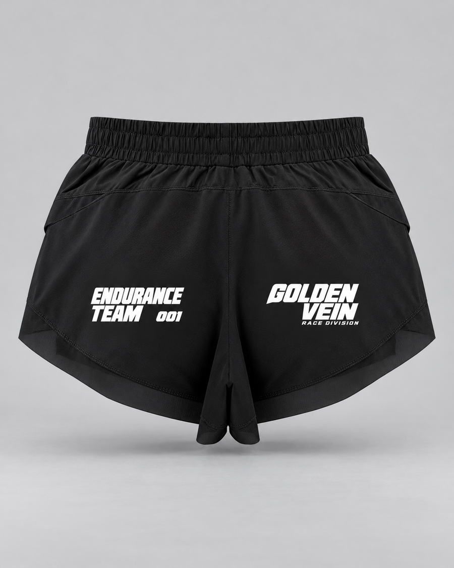 PULSE Race Day Running Shorts — Black, back view — 3D product mockup