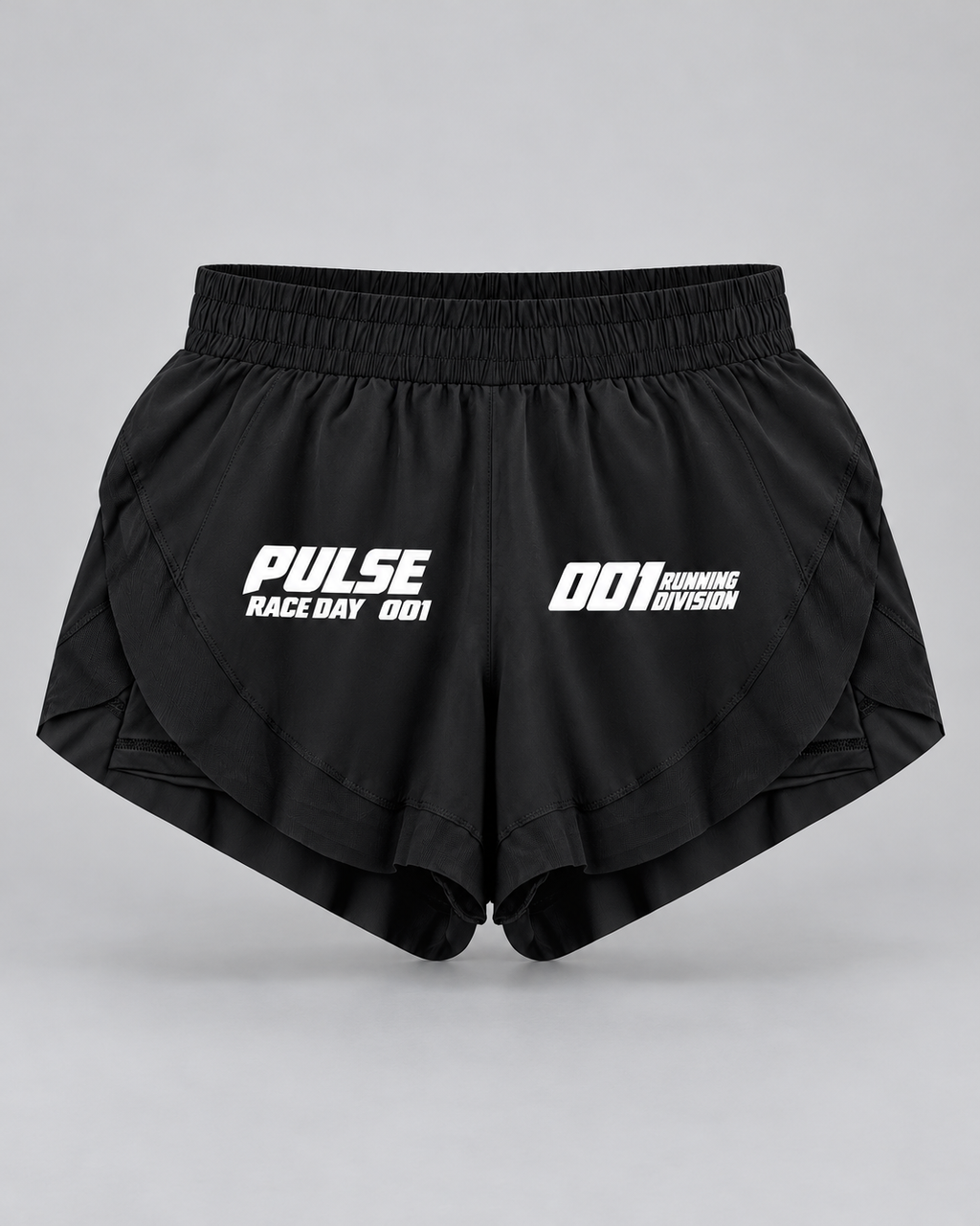 PULSE Race Day Running Shorts — Black, front view — 3D product mockup