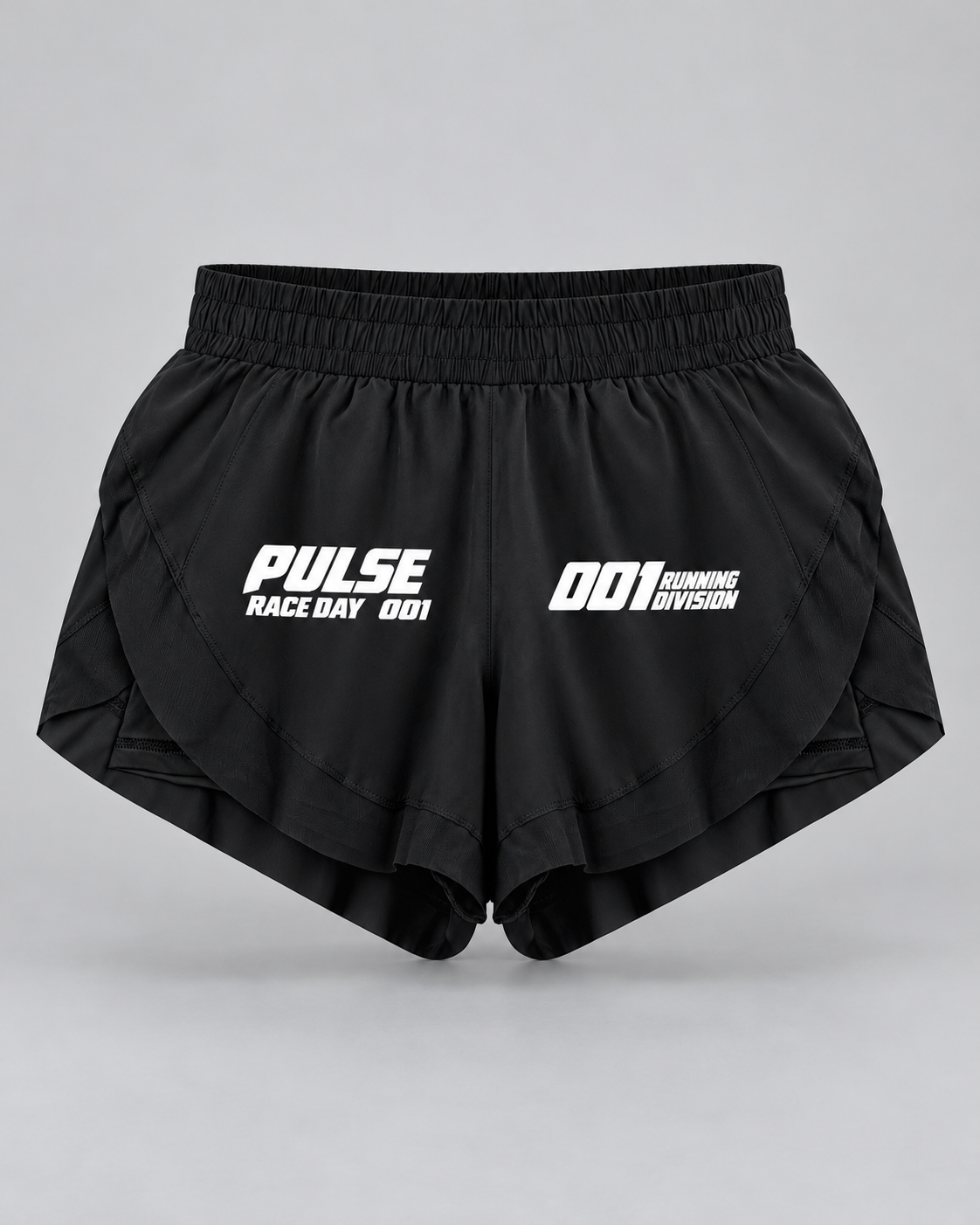 PULSE Race Day Running Shorts — Black, front view — 3D product mockup