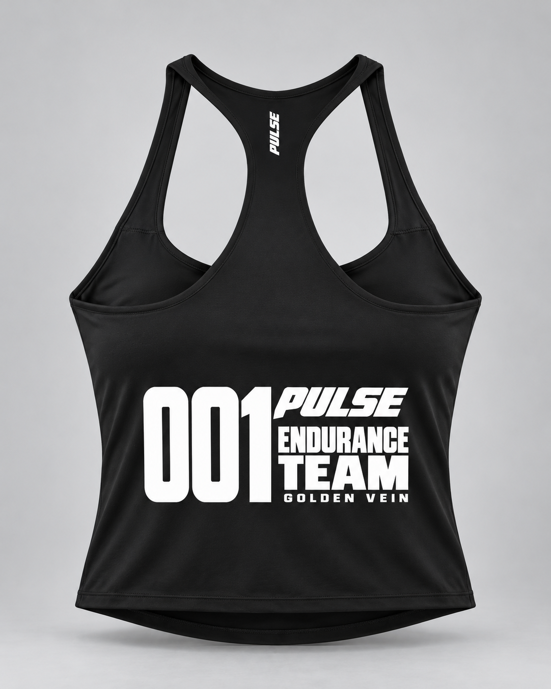 PULSE Racerback Running Tank — Black, back view — 3D product mockup