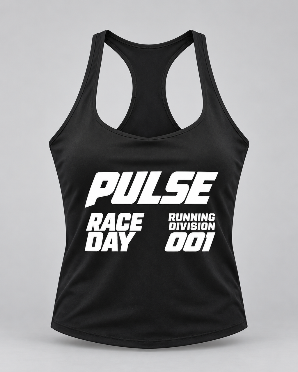 PULSE Racerback Running Tank — Black, front view — 3D product mockup
