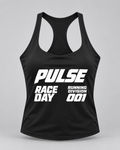 PULSE Racerback Running Tank — Black, front view — 3D product mockup