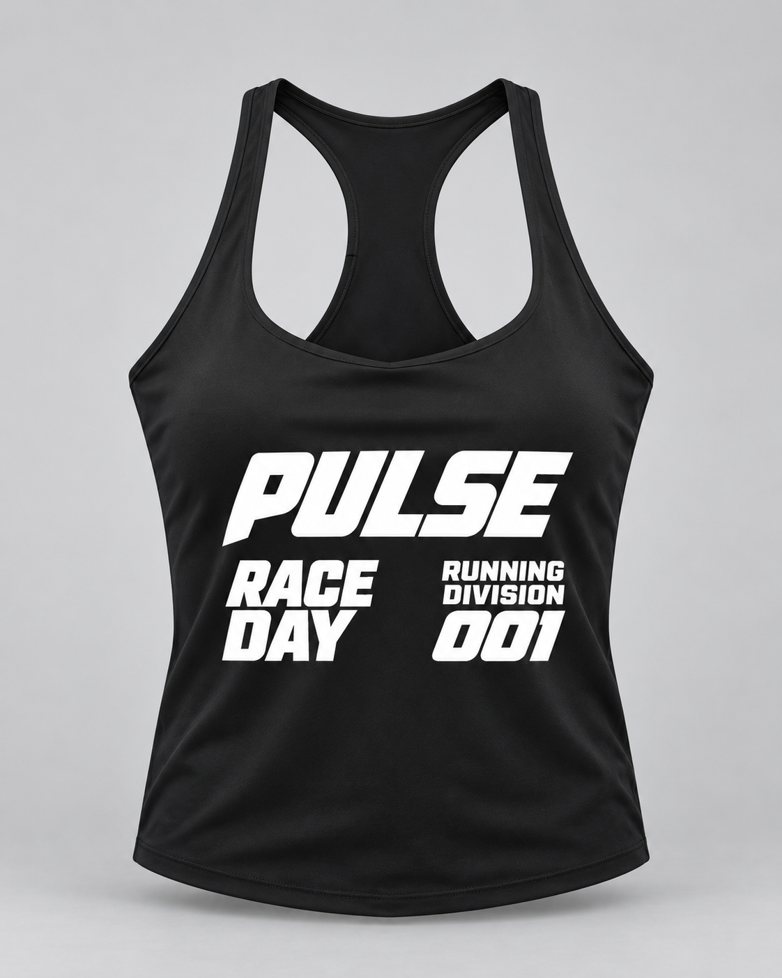 PULSE Racerback Running Tank — Black, front view — 3D product mockup