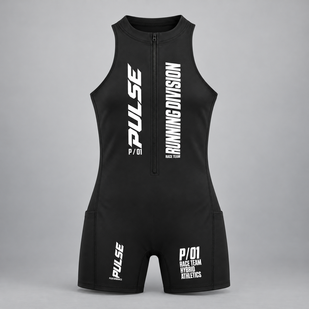 PULSE Quarter-Zip Running Romper — Black, front view — 3D product mockup