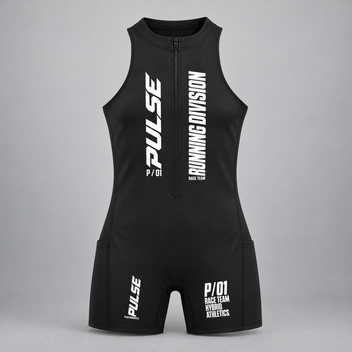PULSE Quarter-Zip Running Romper — Black, front view — 3D product mockup