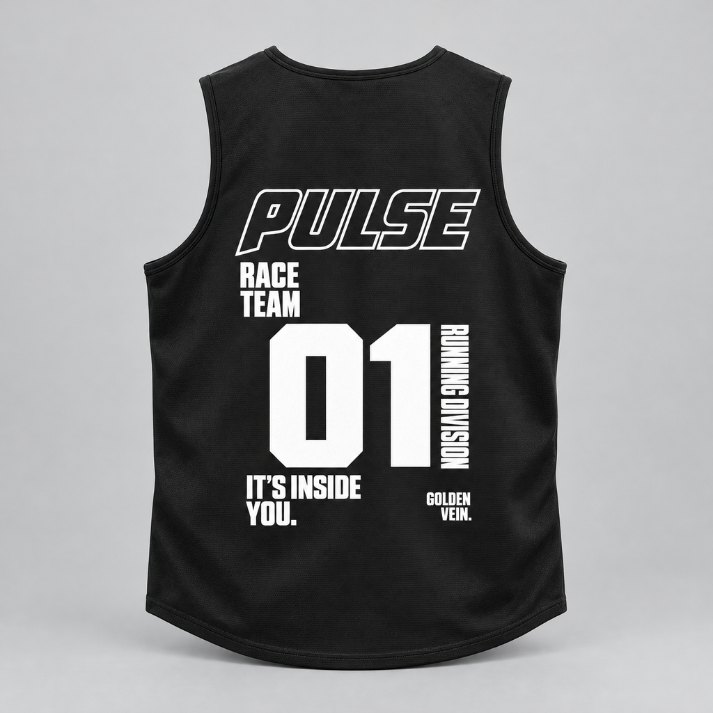 PULSE Running Singlet — Black, back view — 3D product mockup