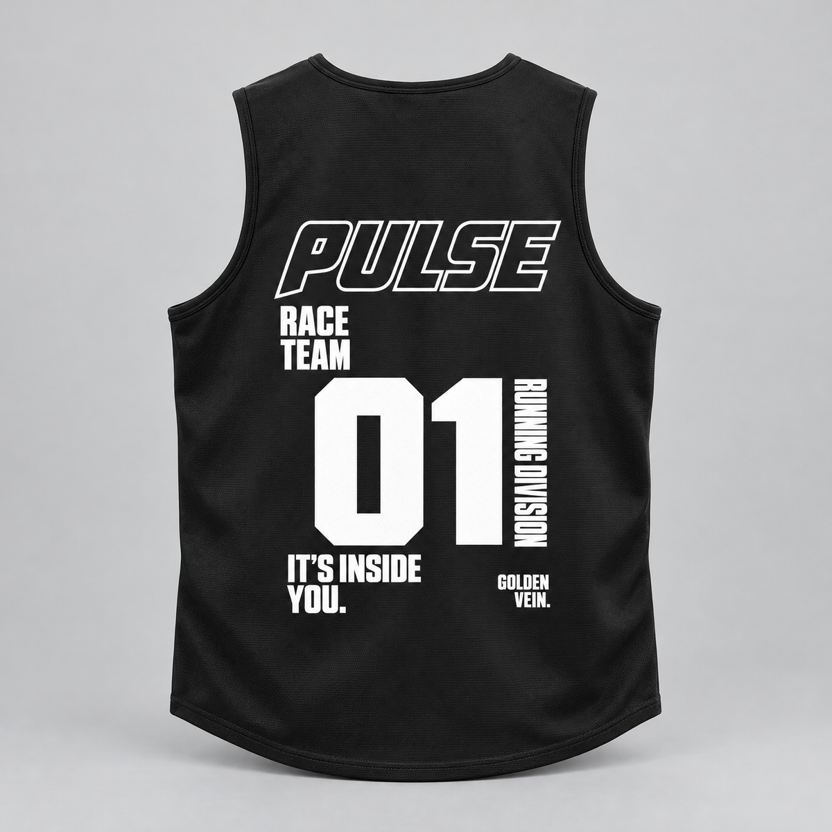 PULSE Running Singlet — Black, back view — 3D product mockup