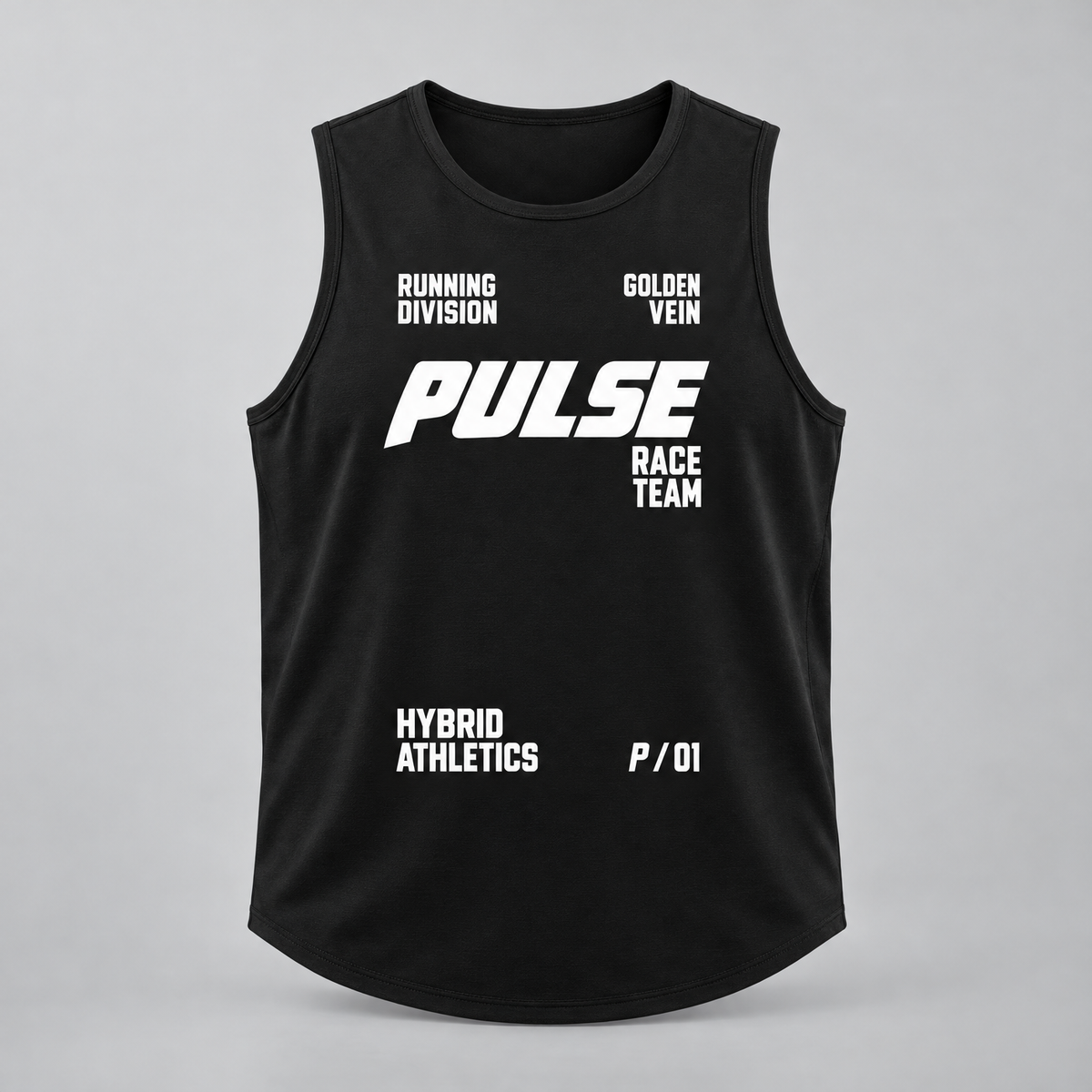 PULSE Running Singlet — Black, front view — 3D product mockup