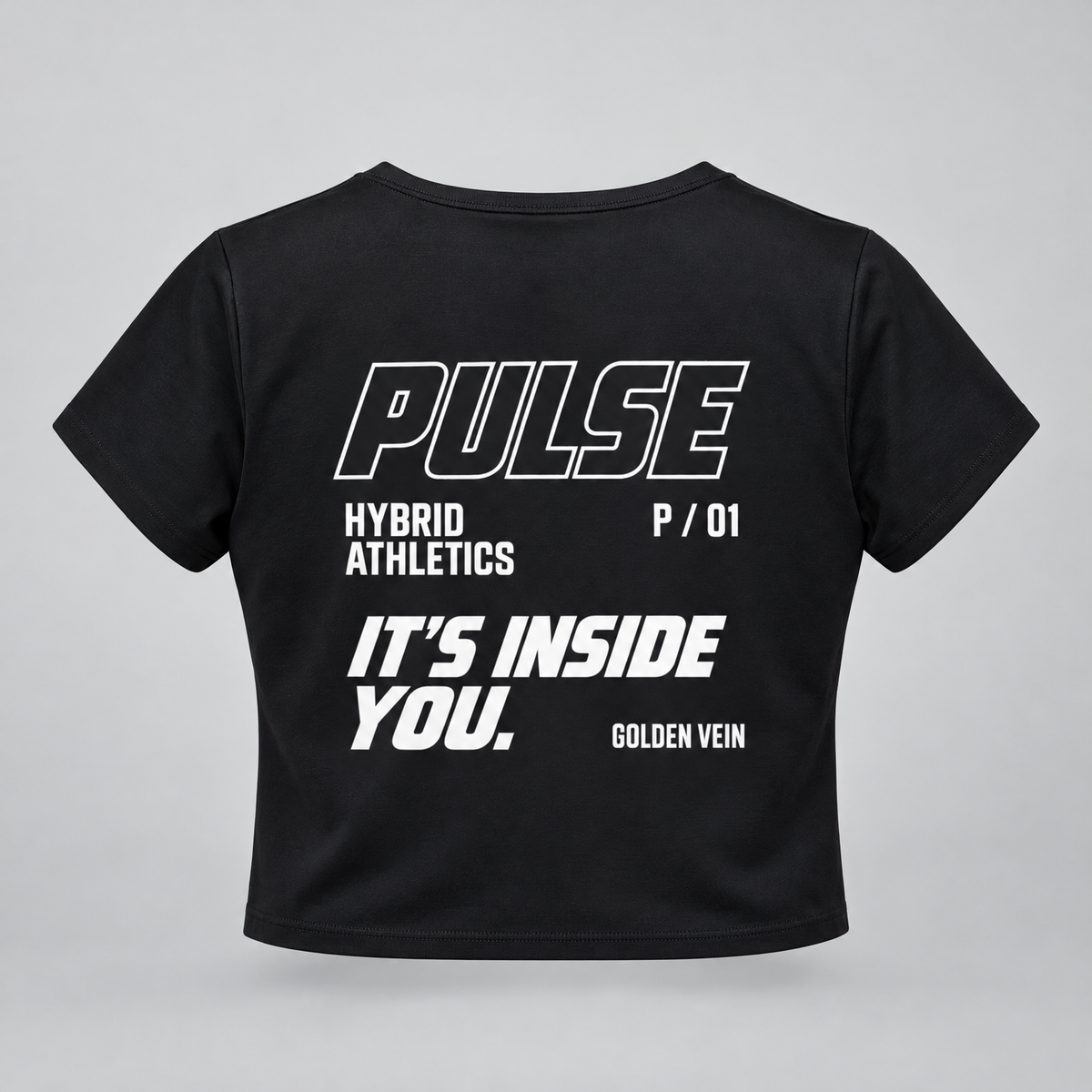 PULSE Square-Neck Running Crop Tee — Black, back view — 3D product mockup