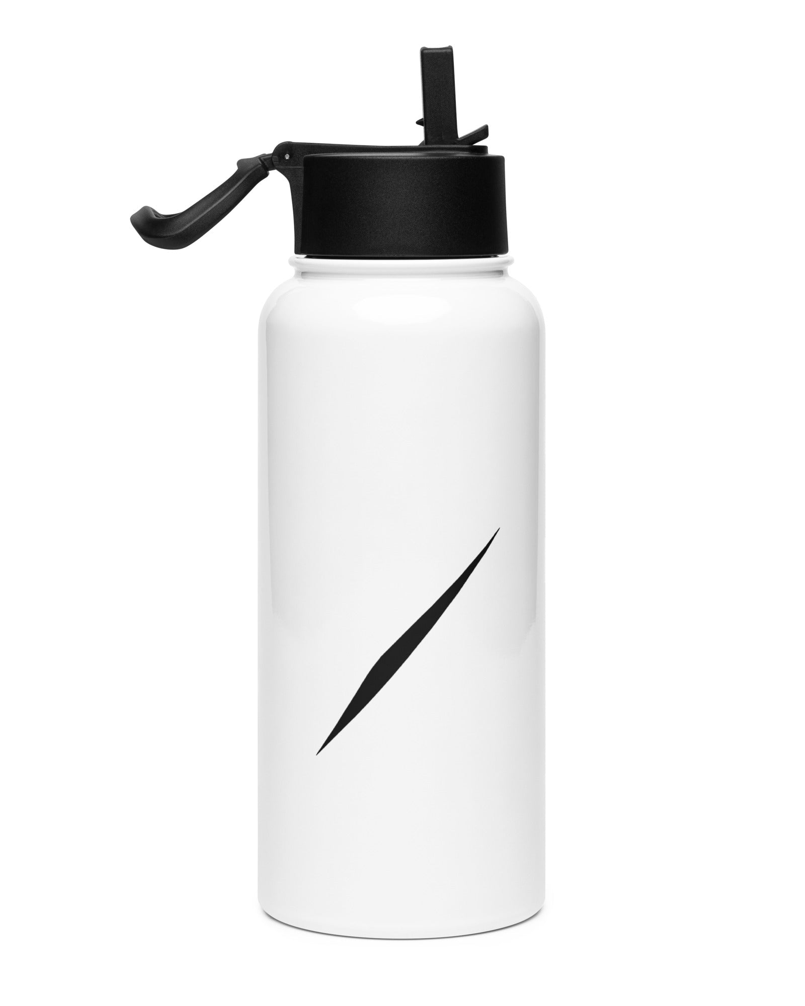 PULSE™ Edelstahl-Wasserflasche 950 ml in Weiß mit vertikalem PULSE™-Logo, Frontansicht