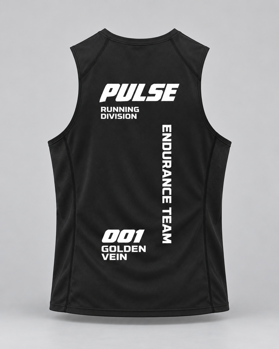 PULSE Topstitch Running Tank — Black, back view — 3D product mockup