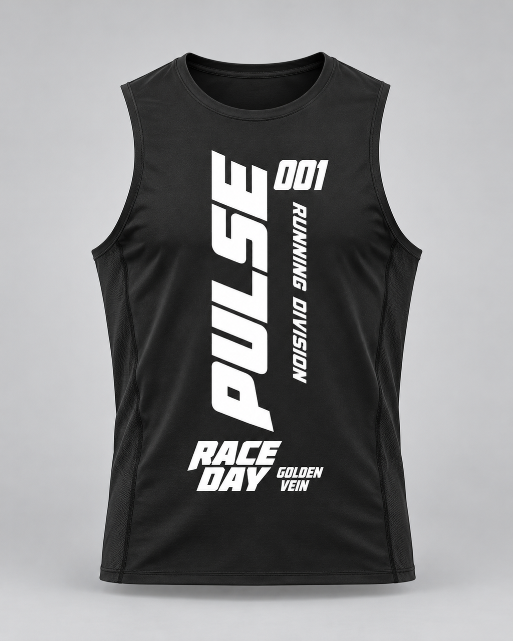 PULSE Topstitch Running Tank — Black, front view — 3D product mockup