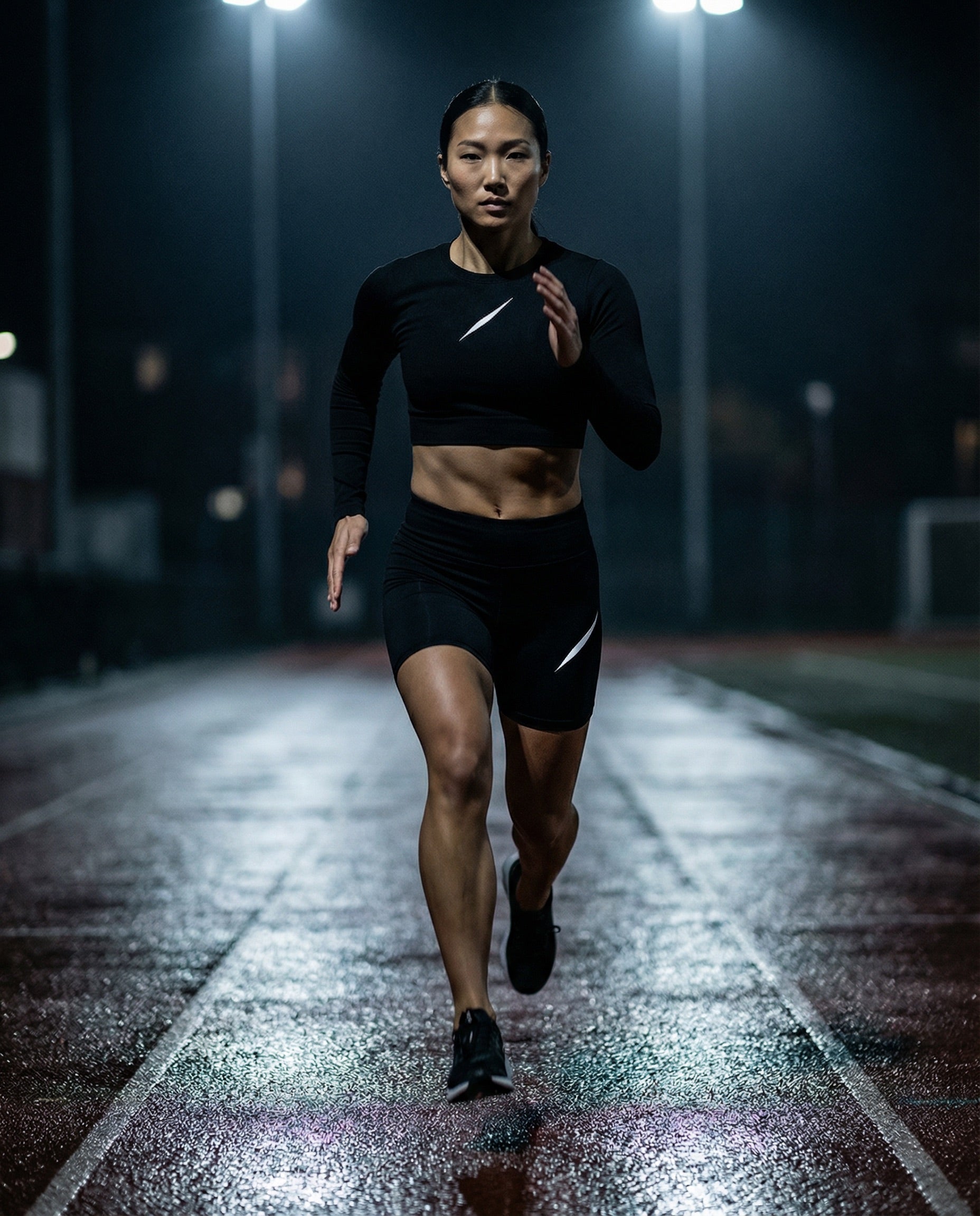 Athletin läuft bei Nacht auf der Laufbahn und trägt schwarzes Performance-Set