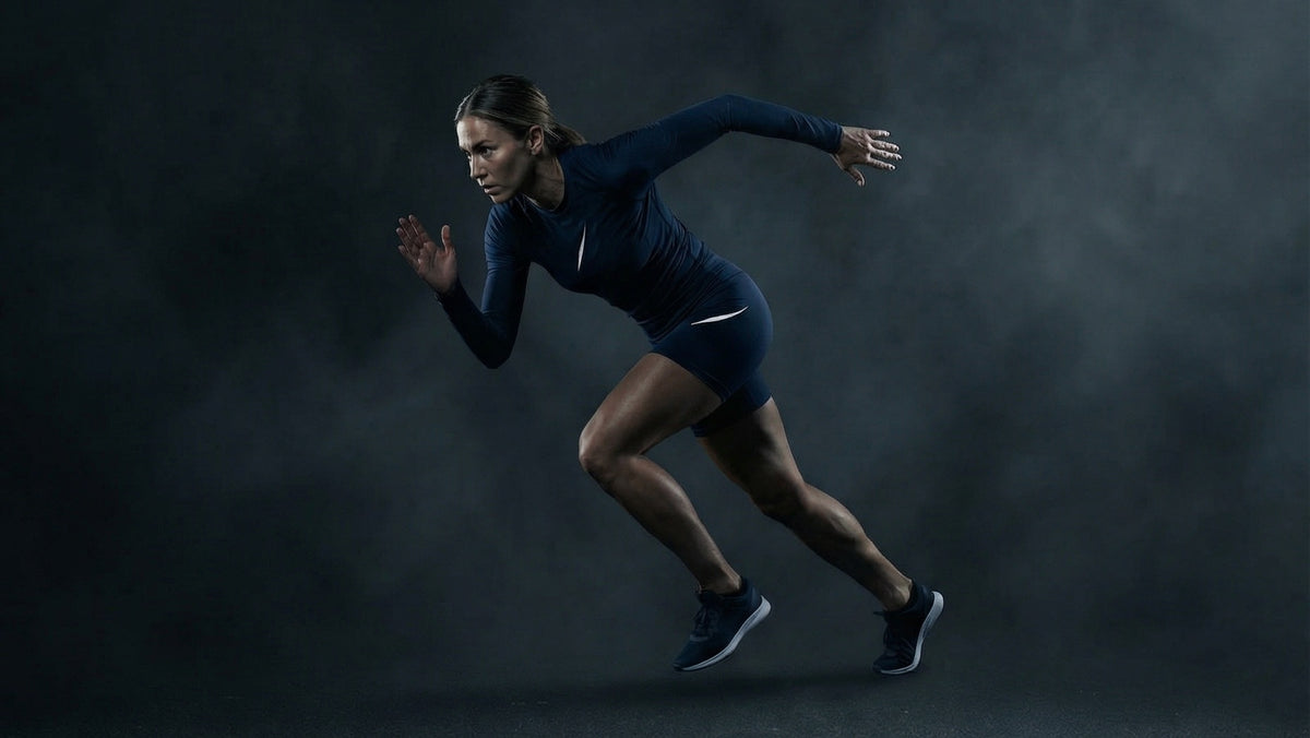 Athletin sprintet in dunkelblauem Performance-Set in Studio-Umgebung