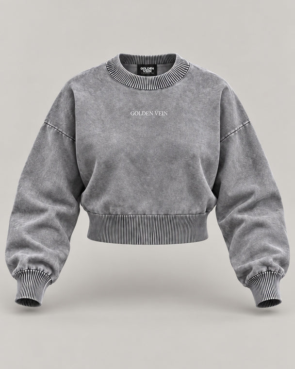 Golden Vein Mineral Wash Cropped Sweater – Grey